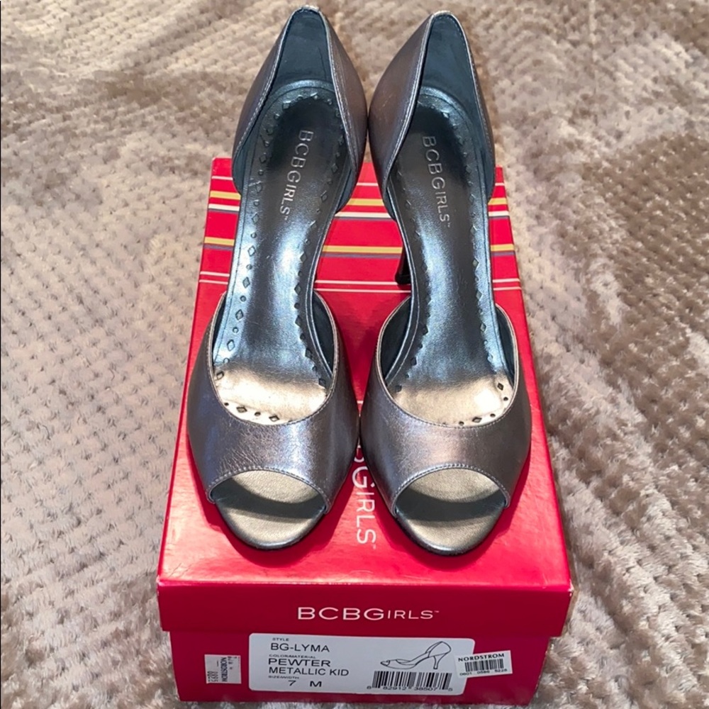 BCBGirls Pewter Metallic open toe pump